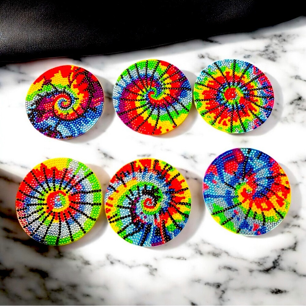 Colorful Spiral Coaster Set of 6 w/ HolderHand Crafted & Sealed Diamond Art 4”